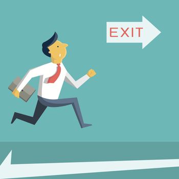 Businessman running in a hurry, looking at arrow with exit sign, and going to open door. Business concept in safety, urgency, security, or emergency. 
