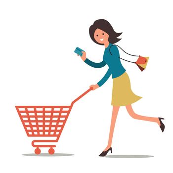 Pretty woman holding credit card, go shopping with blank shopping cart. 