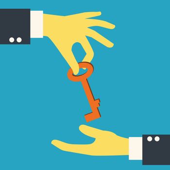 Businessman hand giving key to each other. Business concept in giving solution or important method. 