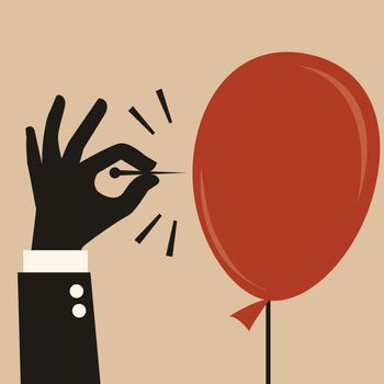 Businessman hand pushing sharp needle to pop the balloon. Abstract business concept on risk or dangerous situation. 