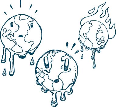 Hand drawn vector illustration or drawing of some melting cartoon wounded worlds