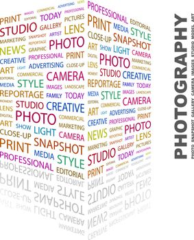 PHOTOGRAPHY. Concept illustration. Graphic tag collection. Wordcloud collage.