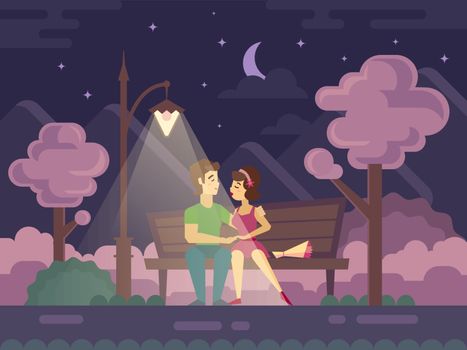 Kissing couple on a Park bench at night flat vector illustration