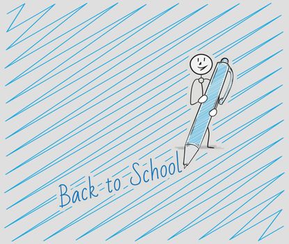 back to school text written by pen and one person, crosshatched image