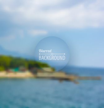 Seaside landscape outdoor blurred background with blue sky and clouds. Vector illustration