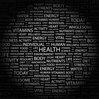 HEALTH. Concept illustration. Graphic tag collection. Wordcloud collage.