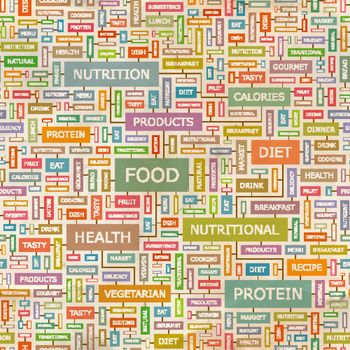 FOOD. Seamless pattern. Concept related words in tag cloud. Conceptual info-text graphic. Word collage.