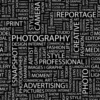 PHOTOGRAPHY. Seamless pattern. Word cloud illustration.