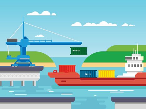 Cargo freight shipping by water. Transport and container, industrial and logistic flat vector illustration.
