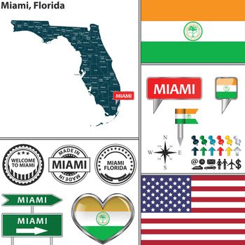 Vector set of Miami, Florida in USA with flag and icons on white background