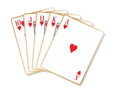 Playing cards making a ace hearts flush over a white background
