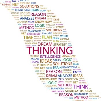 THINKING. Background concept wordcloud illustration. Print concept word cloud. Graphic collage.