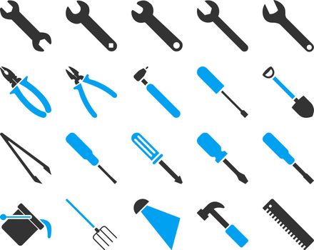 Equipment and Tools Icons. Vector set style is bicolor flat images, blue and gray colors, isolated on a white background.