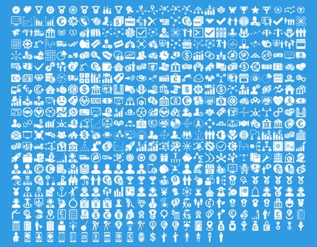 Application Toolbar Icons. 576 flat icons use white color. Vector images are isolated on a blue background. 