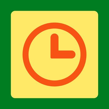 Clock icon from Primitive Buttons OverColor Set. This rounded square flat button is drawn with orange and yellow colors on a green background.