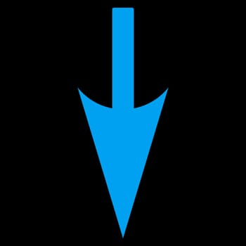 Sharp Down Arrow icon from Primitive Set. This isolated flat symbol is drawn with blue color on a black background.