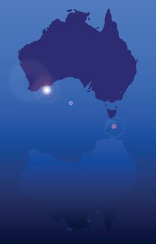 Silhouette map of Australia with Reflection over blue