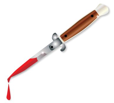 A typical gangland flick knife weapon with blood over a white background