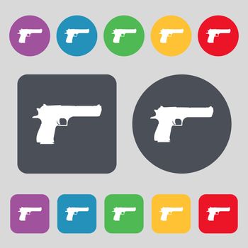 gun icon sign. A set of 12 colored buttons. Flat design. Vector illustration