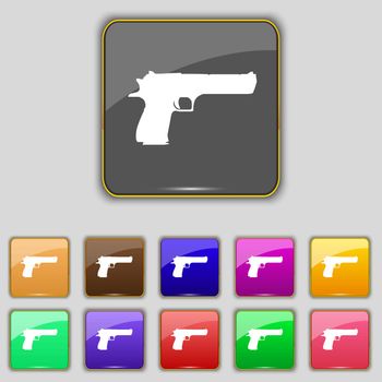 gun icon sign. Set with eleven colored buttons for your site. Vector illustration