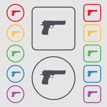 gun icon sign. symbol on the Round and square buttons with frame. Vector illustration