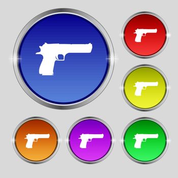 gun icon sign. Round symbol on bright colourful buttons. Vector illustration