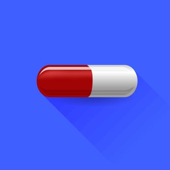 Red Pill Isolated on Blue Background. Long Shadow