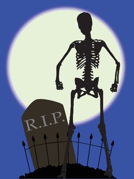A gravestone and skeleton in a cemetery with fence set against the full moon.