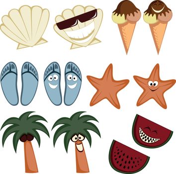 Collection of colorful cute summertime character icons (emoticons) with a simple and cartoon-like look