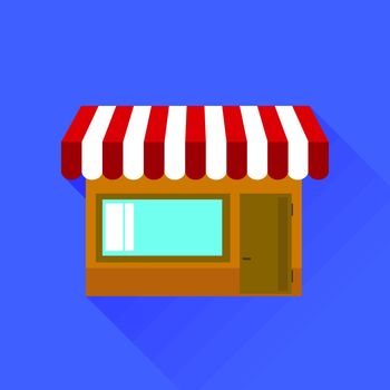Store Icon Isolated on Blue Background. Long Shadow