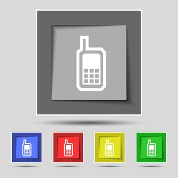 Mobile phone icon sign on original five colored buttons. Vector illustration