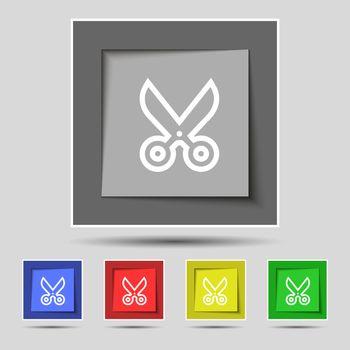 scissors icon sign on original five colored buttons. Vector illustration