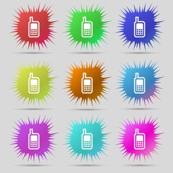 Mobile phone icon sign. A set of nine original needle buttons. Vector illustration