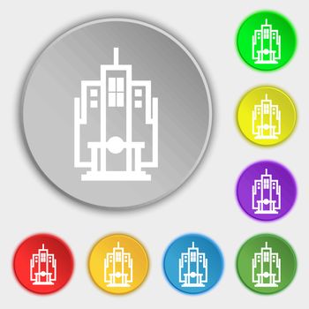 skyscraper icon sign. Symbol on eight flat buttons. Vector illustration