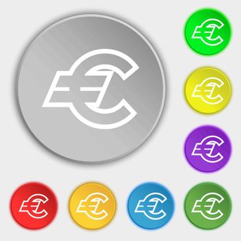 Euro EUR icon sign. Symbol on eight flat buttons. Vector illustration
