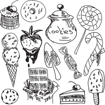 Drawn sweet food on white background, close-up view. Vector illustration