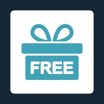 Gift icon. This flat rounded square button uses blue and white colors and isolated on a dark blue background.