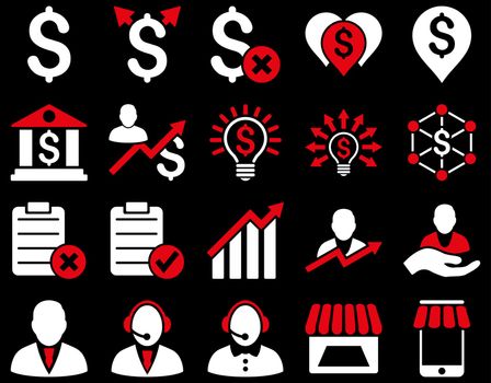 Trade business and bank service icon set. These flat bicolor icons use %icon_colors%. Images are isolated on a black background. Angles are rounded.