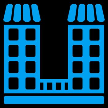 Company icon. This flat vector symbol uses blue color, rounded angles, and isolated on a black background.