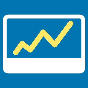 Stock Market icon. This flat vector symbol uses yellow and white colors, rounded angles, and isolated on a blue background.