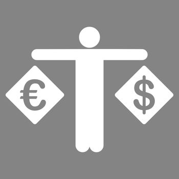 Currency compare icon. Vector style is flat symbols, white color, rounded angles, gray background.