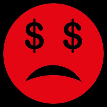 Bankrupt Smiley icon from Commerce Set. Vector style is flat symbol, red color, rounded angles, black background.