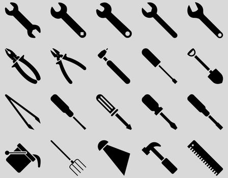 Equipment and Tools Icons. Vector set style is flat images, black color, isolated on a light gray background.