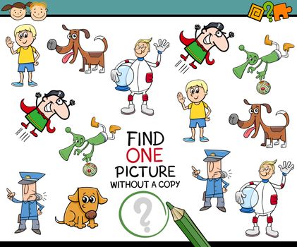 Cartoon Illustration of Educational Game of Finding Single Picture without a Copy for Preschool Children
