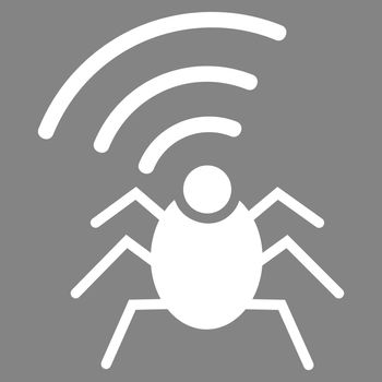 Radio spy bug icon from Business Bicolor Set. Vector style is flat symbol, white color, rounded angles, gray background.