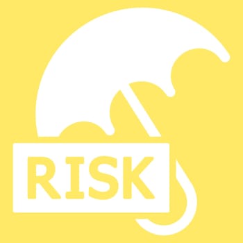 Umbrella icon from Business Bicolor Set. This flat vector symbol uses white color, rounded angles, and isolated on a yellow background.