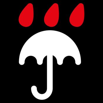 Rain protection icon. Vector style is flat bicolor symbols, red and white colors, rounded angles, black background.