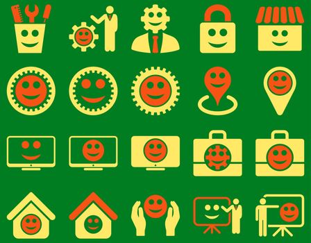 Tools, gears, smiles, management icons. Vector set style is bicolor flat images, orange and yellow symbols, isolated on a green background.