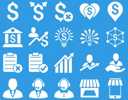 Trade business and bank service icon set. These flat icons use white color. Images are isolated on a blue background. Angles are rounded.