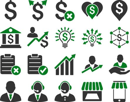 Trade business and bank service icon set. These flat bicolor icons use green and gray colors. Images are isolated on a white background. Angles are rounded.